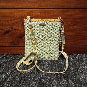 Capelli Straworld Handmade Crossbody, Tan/Aqua with Beaded Strap.